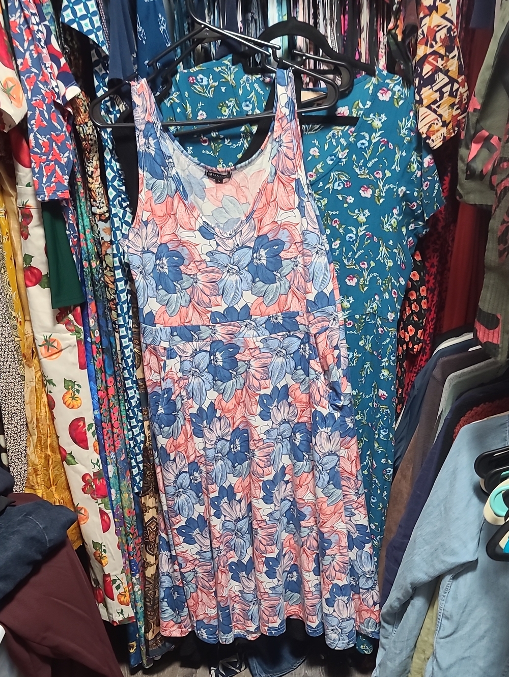 Floral Sleeveless A-Line Dress in Blue & Pink